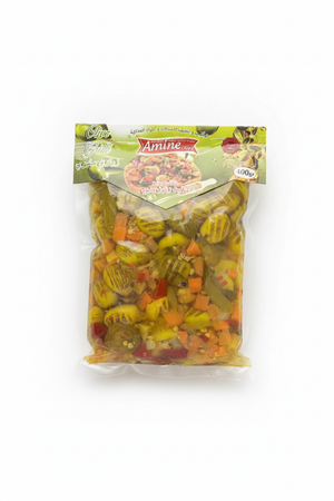 Amine Olives vertes grillées dénoyautées 400g sur fond blanc